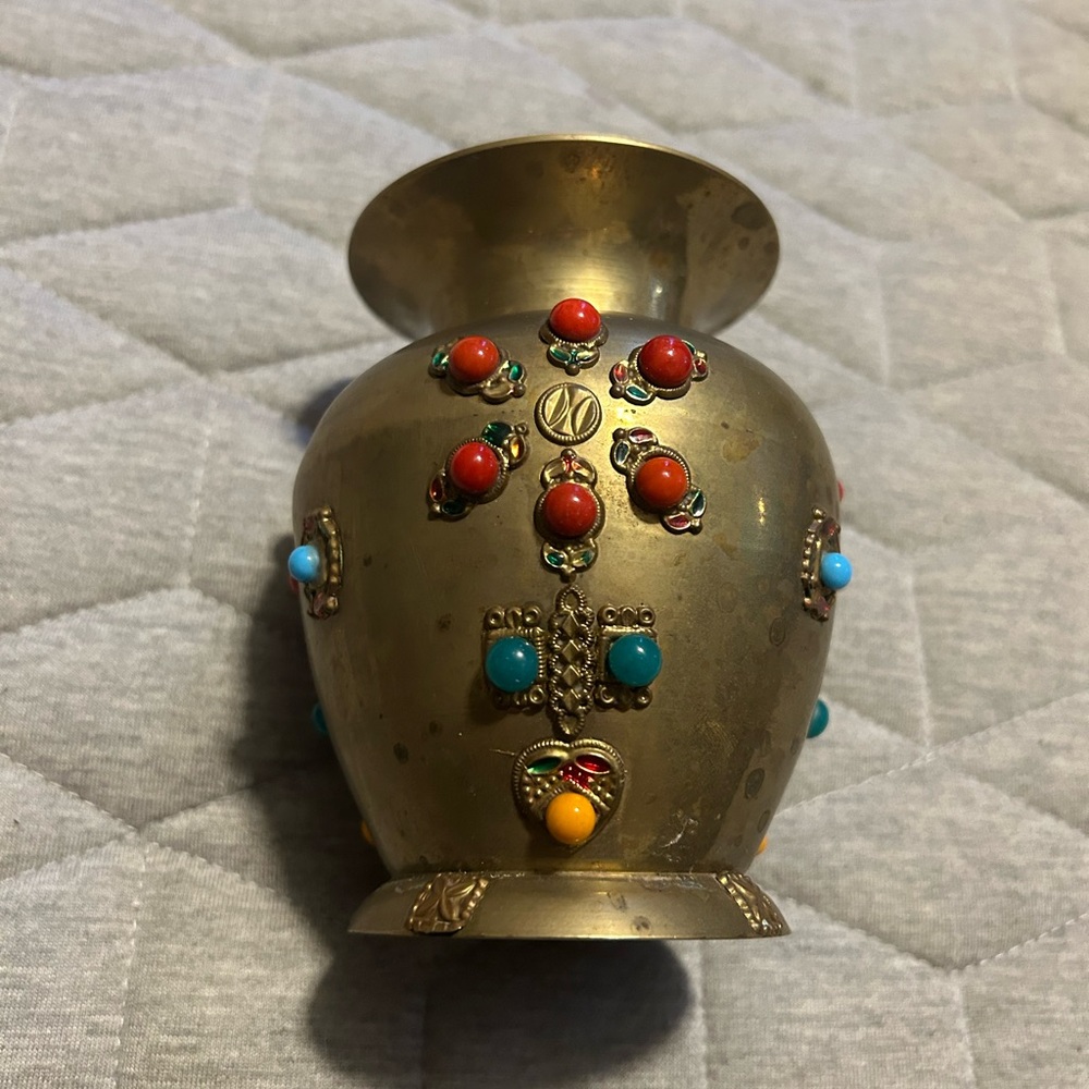 Decorative Brass Vase with Multicolor Accents